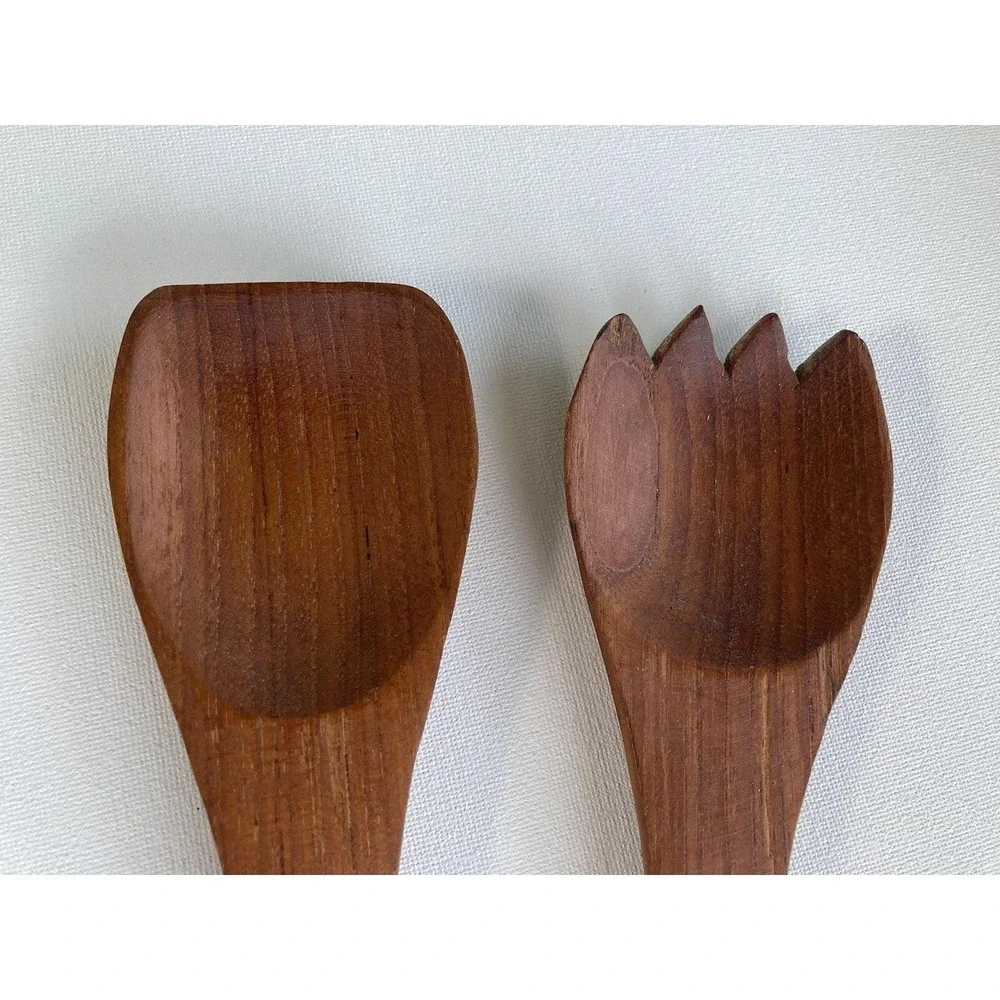 Vtg Teak Wood Salad Serving Set Spoon and Fork Salad Utensils MCM